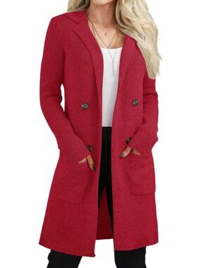 Women's Red Long Knit Coatigan Lapel Cardigan Open Front Button Pocket Sweater